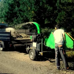 Operator w nausznikach obsługuje zielony rębakiem do gałęzi, który wyrzuca zrębki do skrzyni ładunkowej białego samochodu dostawczego na tle leśnym.