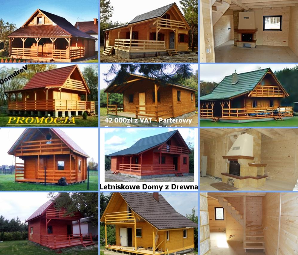 Kolaż prezentujący różne modele domków letniskowych i całorocznych z drewna, w tym domki z tarasami, o różnej kolorystyce i architekturze, oraz wnętrza z kominkami i schodami.