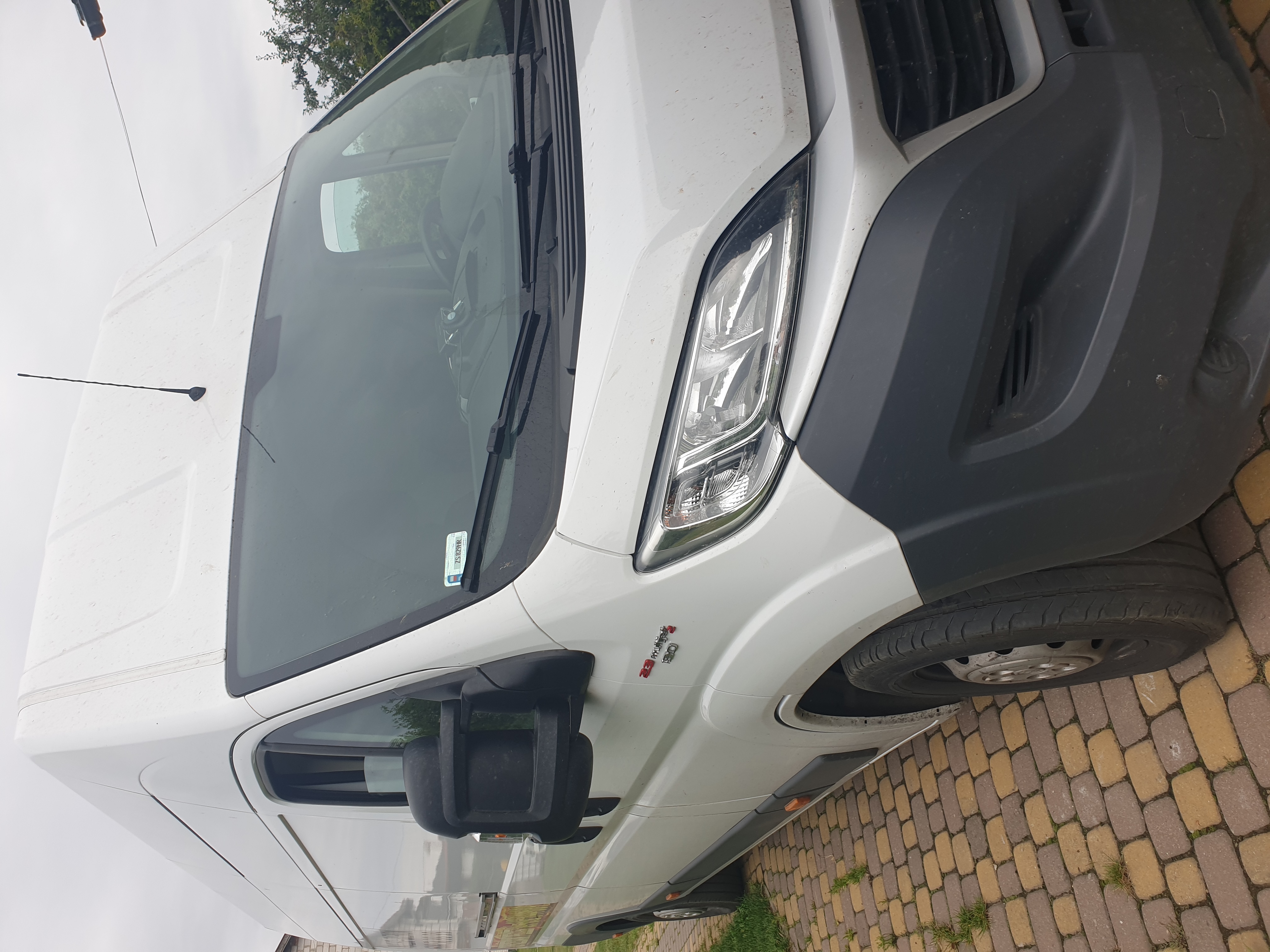 Przód białego, lekko zabrudzonego busa marki Fiat Ducato, zaparkowanego na kostce brukowej, z widocznym logo i tablicą rejestracyjną.