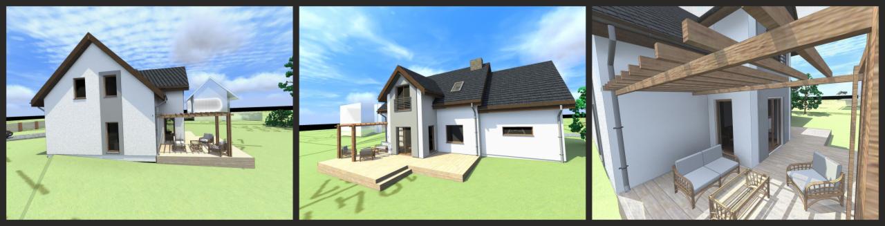 Wizualizacja projektu domu z tarasem i pergolą w Radlinie, prezentująca różne ujęcia z zewnątrz i wnętrza tarasu.