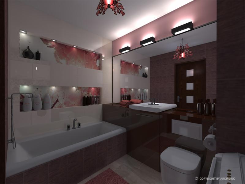 Wizualizacja łazienki z wanną obudowaną bordową mozaiką, umywalką nablatową na ciemnobrązowej szafce, toaletą i dekoracyjnym oświetleniem sufitowym w odcieniach czerwieni i różu. Na ścianach wnęki...