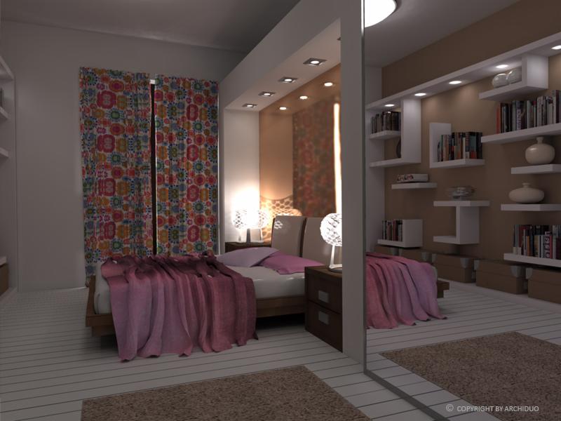 Wizualizacja sypialni z łóżkiem z drewnianą ramą przykrytym różową narzutą, wzorzyste zasłony, białe półki z książkami podświetlone punktowym oświetleniem, widok z perspektywy lustra.