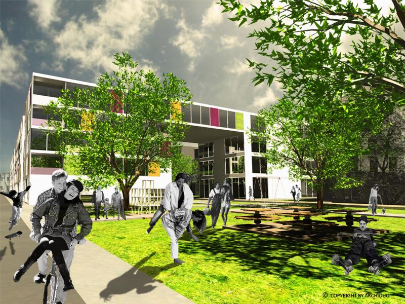 Wizualizacja 3D budynku usługowego z kolorowymi panelami, otoczonego parkiem z piknikowymi stołami i spacerującymi ludźmi, prezentowana w komiksowym stylu.