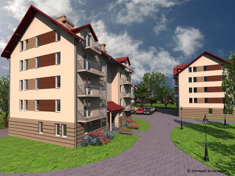 Wizualizacja 3D dwukondygnacyjnego budynku mieszkalnego z balkonami i czerwonym dachem, otoczonego zielenią, z widocznymi zaparkowanymi samochodami w tle.