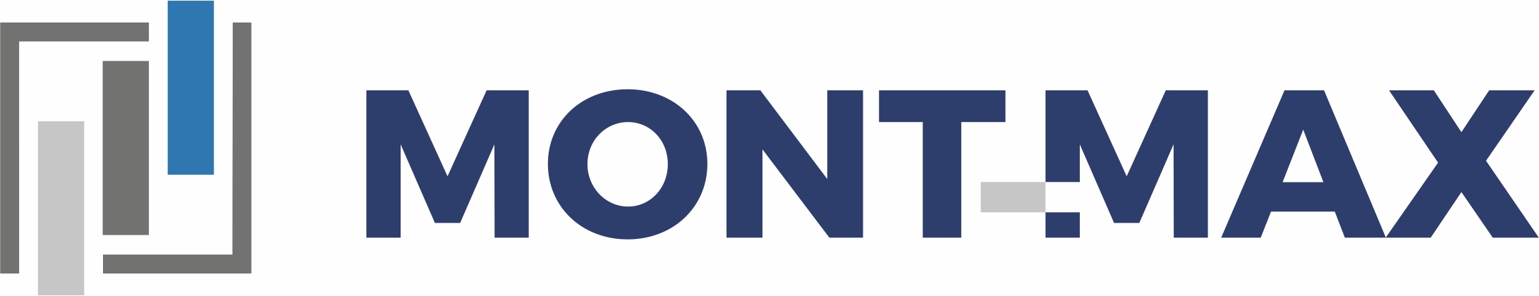 Logo firmy Mont-Max z geometrycznym symbolem po lewej stronie i nazwą firmy w kolorze granatowym po prawej.
