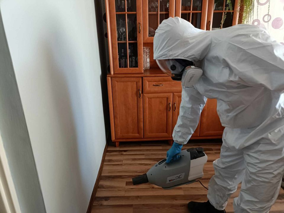 Osoba w kombinezonie ochronnym dezynfekuje pomieszczenie za pomocą zamgławiacza. W tle widoczna drewniana komoda i ściana.