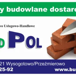Grafika reklamowa firmy Bud-Pol z cegłami, kielnią i informacjami kontaktowymi: ul. Kamienna 21, Wysogotowo/Przeźmierowo, telefon 061 855-25-92, www.bud-pol.com.pl.