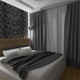 Wizualizacja sypialni z łóżkiem, drewnianym wezgłowiem, szarą pościelą, geometryczną ścianą w odcieniach szarości, lampą wiszącą z chromowaną kulą, telewizorem na ścianie i szarymi zasłonami.