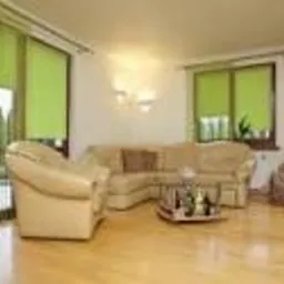 Jasny salon z beżową kanapą i parkietem, duże okna przesłonięte zielonymi roletami w kasecie. Widoczne butelki i kieliszki na stoliku kawowym, w tle kominek i dekoracyjne rośliny.