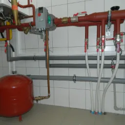 Węzeł cieplny w kotłowni: czerwony zbiornik wyrównawczy ciśnienia, rury miedziane i stalowe z zaworami, białe rury doprowadzające wodę, szara izolacja na rurach, na tle białych płytek.