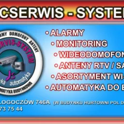 Reklama firmy JACSERWIS-SYSTEM z ofertą alarmów, monitoringu, wideodomofonów, anten RTV/SAT, asortymentu Wi-Fi i automatyki do bram, z adresem i numerem telefonu.