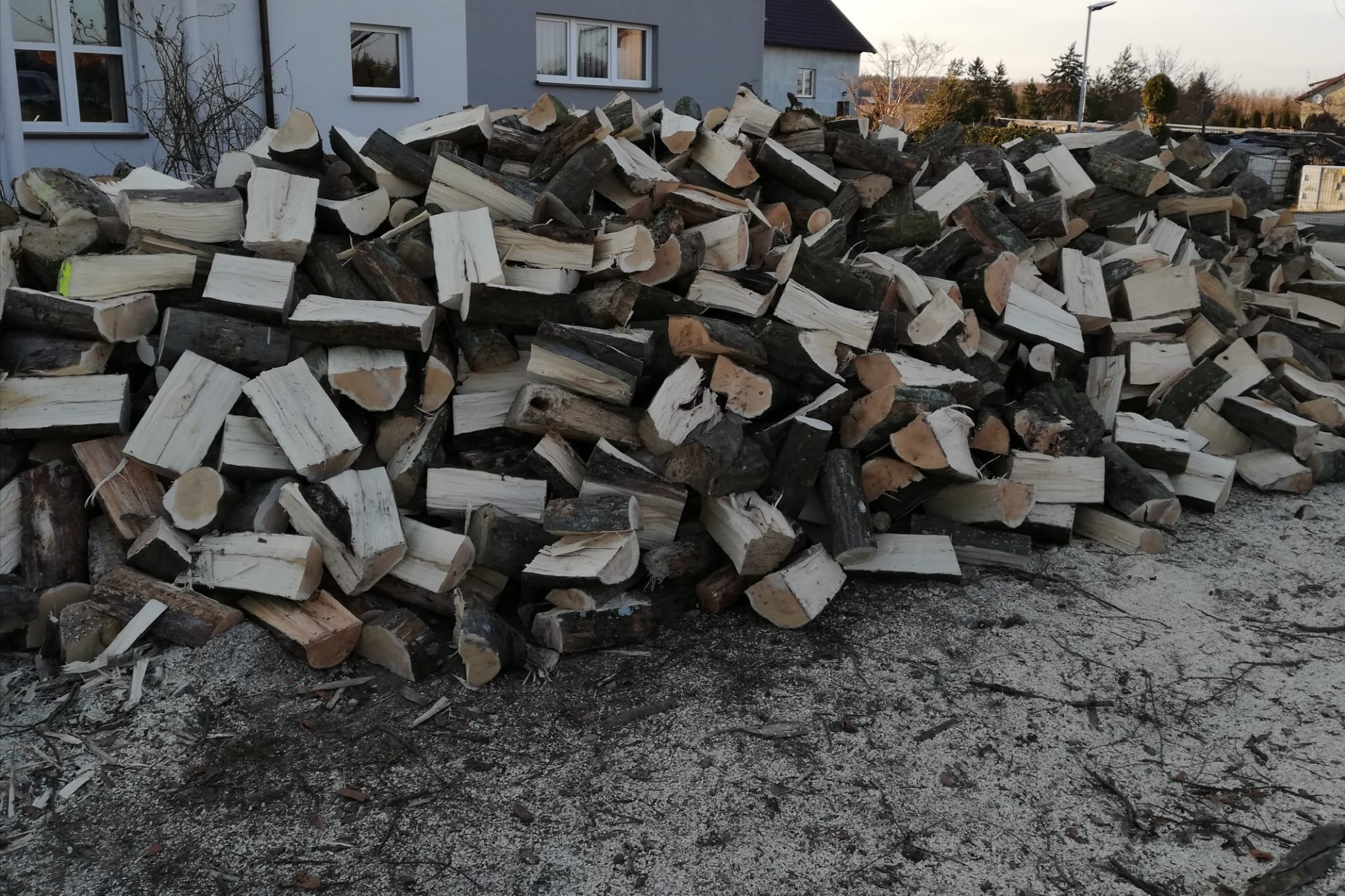 Stos pociętego drewna opałowego na tle domu. Widoczne kawałki drewna o jasnej i ciemnej barwie. Na ziemi leżą trociny i gałązki.