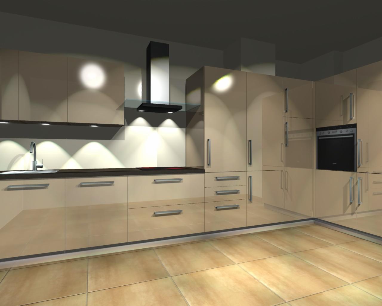 Wizualizacja beżowej kuchni z połyskiem, oświetleniem podszafkowym i czarnym okapem, widok na szafki, zlew i piekarnik. Podłoga wyłożona płytkami w odcieniach brązu.