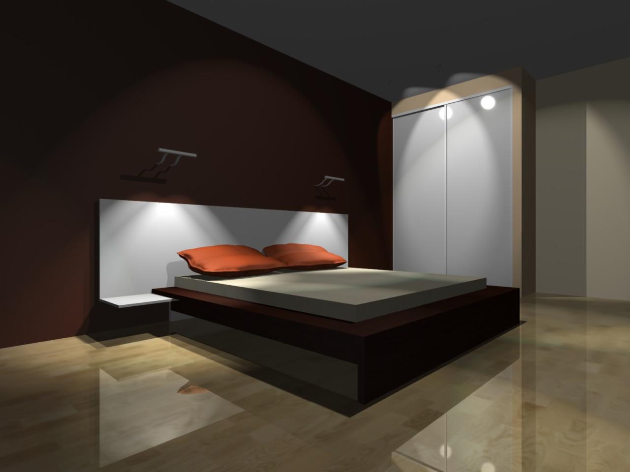 Nowoczesna sypialnia z łóżkiem na podwyższeniu, podświetlanym wezgłowiem i szafą przesuwną z oświetleniem punktowym, w minimalistycznym brązowo-białym wystroju.