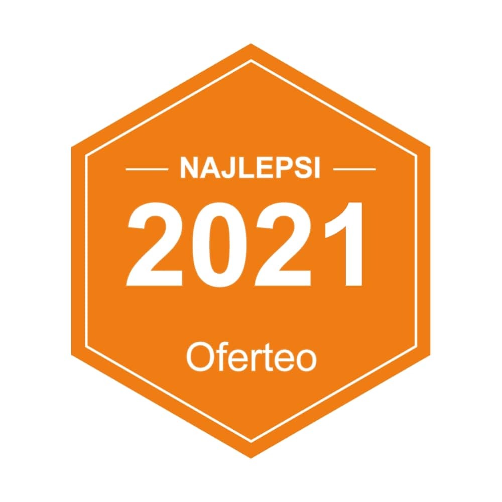 Pomarańczowa odznaka w kształcie sześciokąta z napisem 'NAJLEPSI 2021 Oferteo'.