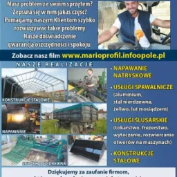 Ogłoszenie firmy Mario Profil: naprawa maszyn, konstrukcje stalowe, usługi spawalnicze i ślusarskie. Zdjęcie prezentuje realizacje i dane kontaktowe.
