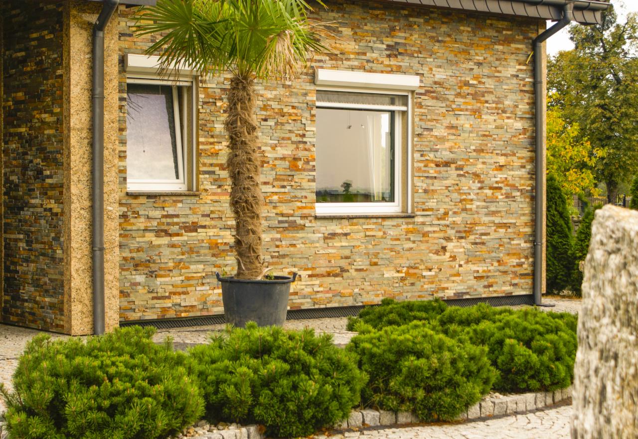 Elewacja domu wykończona kamieniem dekoracyjnym w odcieniach brązu i beżu, z dwoma oknami z białymi ramami i szarymi roletami, palmą w czarnej donicy oraz niskimi krzewami. Widoczny fragment...