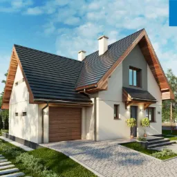 Wizualizacja domu jednorodzinnego z garażem, ciemna dachówka, jasna elewacja z elementami drewna, kamienna ścieżka w ogrodzie.