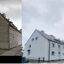 Porównanie elewacji budynku przed i po remoncie: od szarego, zaniedbanego stanu do świeżego, jasnoszarego wykończenia z nową dachówką.
