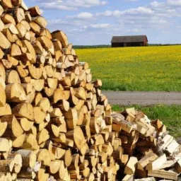 Stos pociętego drewna grabu i buku na tle łąki z żółtymi kwiatami i czerwonej stodoły pod błękitnym niebem z chmurami.