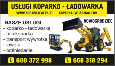 Żółta koparko-ładowarka i minikoparka na reklamie usług z Nowogrodźca, z numerami telefonów i adresem e-mail.