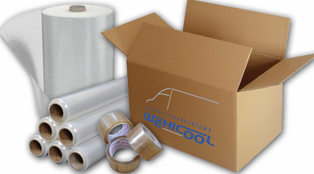Karton z logo firmy, folia bąbelkowa, strecz i taśmy pakowe. Materiały do zabezpieczenia transportowanych przedmiotów.