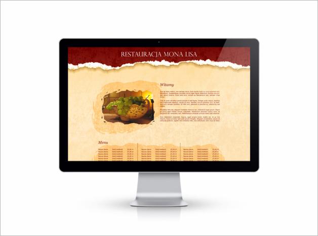 Ekran monitora wyświetla projekt strony internetowej restauracji 'Restauracja Mona Lisa', z rustykalnym tłem, grafiką koszyka z winogronami i menu.