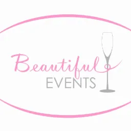 Logo firmy Beautiful Events z różowym napisem i szarym kieliszkiem do szampana, otoczone różową elipsą.