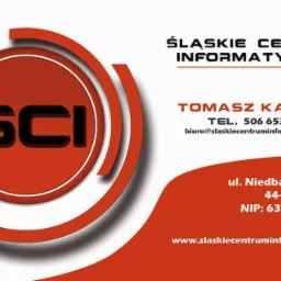 Wizytówka Śląskiego Centrum Informatycznego z logo SCI, danymi kontaktowymi Tomasza Kafary i adresem w Gliwicach. Czerwono-biała kolorystyka.