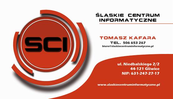 Wizytówka Śląskiego Centrum Informatycznego z logo SCI, danymi kontaktowymi Tomasza Kafary i adresem w Gliwicach. Czerwono-biała kolorystyka.