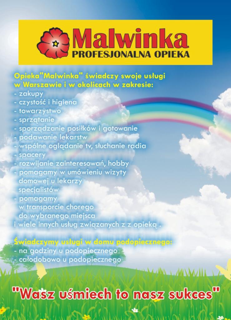 Grafika reklamowa firmy Malwinka oferującej profesjonalne usługi w Warszawie, w tym zakupy, higienę, towarzystwo, sprzątanie, gotowanie, podawanie leków, spacery i transport chorych, z hasłem 'Wasz...