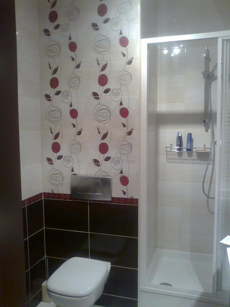 Wykończona łazienka z kabiną prysznicową i toaletą, ściany wyłożone płytkami w dwóch kolorach: białe z motywem kwiatowym i ciemnobrązowe z bordiurą.