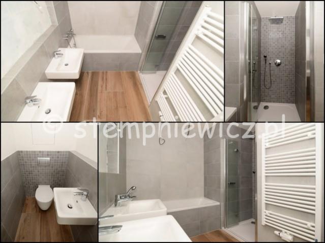 Kolaż zdjęć przedstawiający wykończoną łazienkę z drewnopodobną podłogą, umywalkami, toaletą, wanną i kabiną prysznicową z mozaiką na ścianach, grzejnik drabinkowy w kolorze białym.