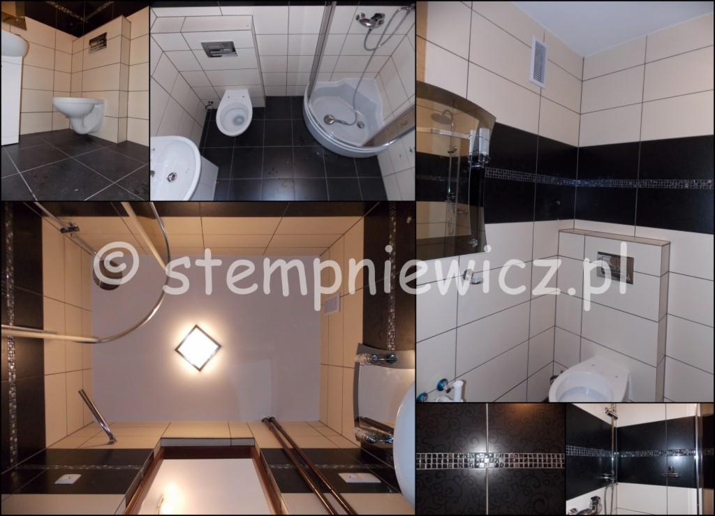 Wielopanelowe ujęcie wykończonej łazienki z czarno-białymi płytkami, kabiną prysznicową z chromowanymi detalami, umywalką i podwieszaną toaletą. Widoczne detale dekoracyjne na ścianach.