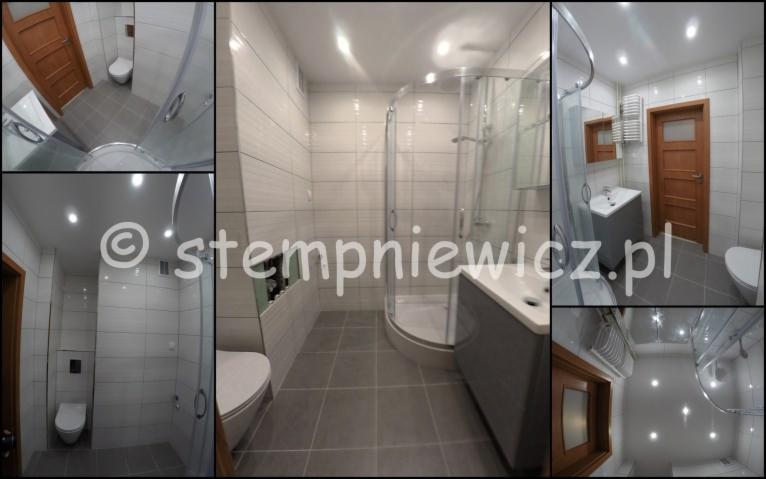 Mozaika zdjęć przedstawiająca wykończoną łazienkę z szarymi płytkami podłogowymi i białymi płytkami ściennymi, kabiną prysznicową z zaokrąglonymi drzwiami, umywalką w szarej szafce oraz toaletą.