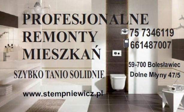 Reklama firmy remontowej: łazienka z brązowymi płytkami, wisząca toaleta, biała umywalka i kontakt, tekst 'Profesjonalne Remonty Mieszkań, Szybko Tanio Solidnie', numer telefonu i adres strony...