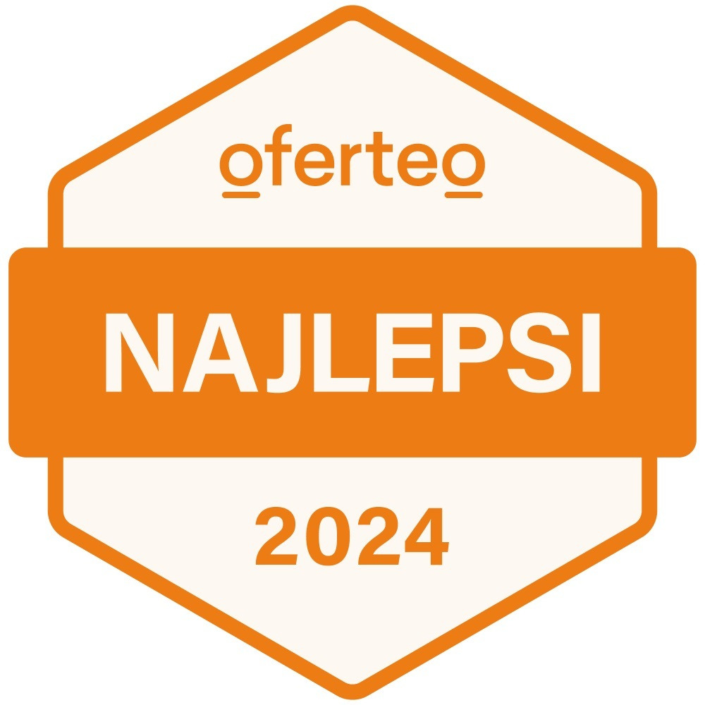Pomarańczowo-biała odznaka Oferteo 'Najlepsi 2024' na białym tle.