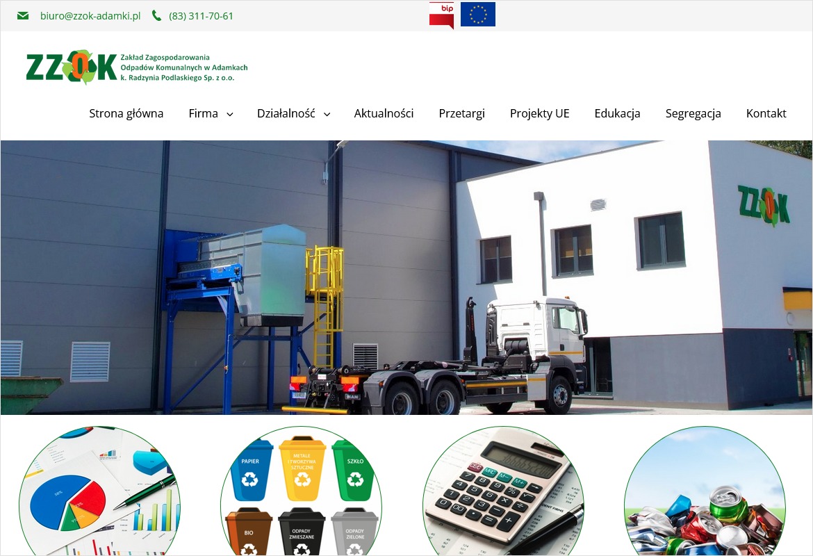Strona internetowa Zakładu Zagospodarowania Odpadów Komunalnych w Adamkach k/Radzynia Podlaskiego.