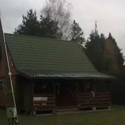 Drewniany domek z zielonym dachem krytym dachówką, widok z zewnątrz w pochmurny dzień, otoczony drzewami i trawnikiem, z widoczną skrzynką elektryczną na słupie.