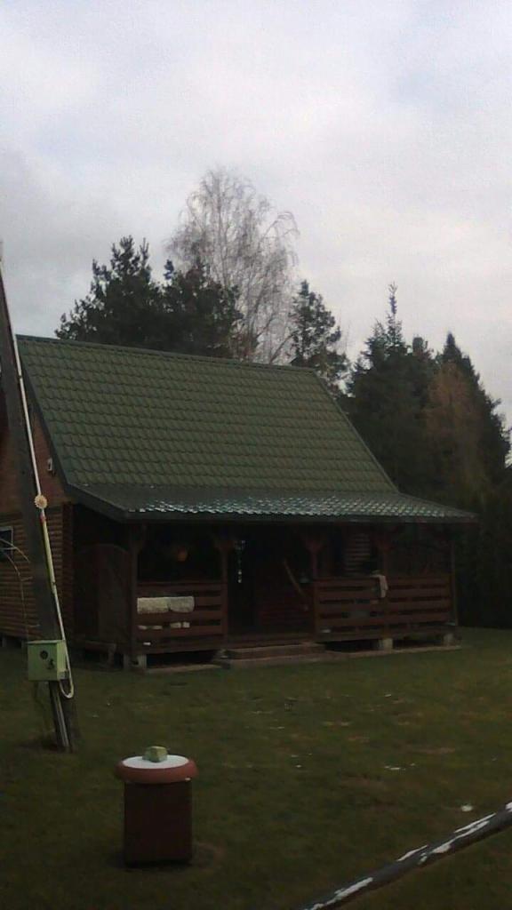 Drewniany domek z zielonym dachem krytym dachówką, widok z zewnątrz w pochmurny dzień, otoczony drzewami i trawnikiem, z widoczną skrzynką elektryczną na słupie.