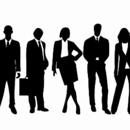 Sylwetki pięciu osób w strojach biznesowych na białym tle. Mężczyzna z teczką po lewej stronie, kobieta w spódnicy i żakiecie w centrum.