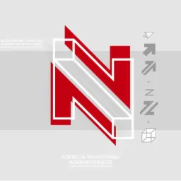Graficzne logo agencji marketingu internetowego, stylizowana litera N w czerwieni i bieli, z hasłem 'Pozycjonowanie to proces, nie zadanie do wykonania' i dodatkowymi ikonami.