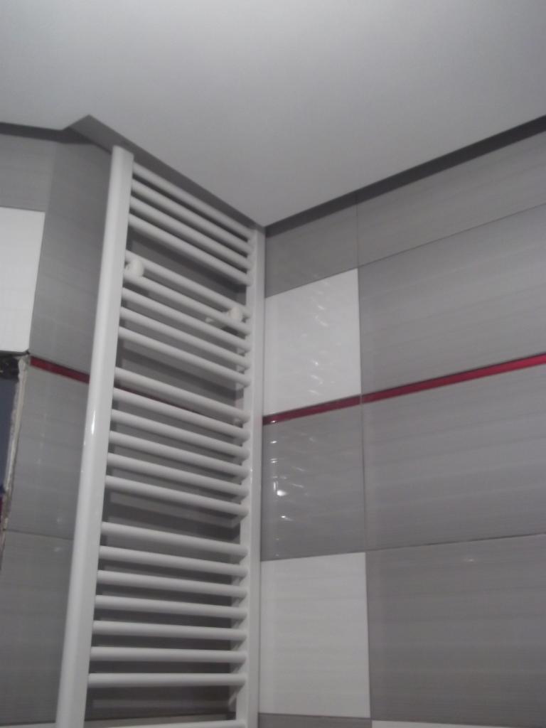 Biały grzejnik drabinkowy w łazience z szaro-białymi płytkami, akcentującymi czerwoną linią, zamontowany przy ścianie. Widok z dołu, oświetlenie sufitowe.