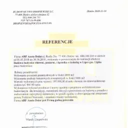 Skan dokumentu referencyjnego firmy Budownictwo Dropiewski S.C. z Złotowa, wystawionego 14 listopada 2018 roku, potwierdzającego wykonanie prac posadzkarskich, w tym posadzek przemysłowych...