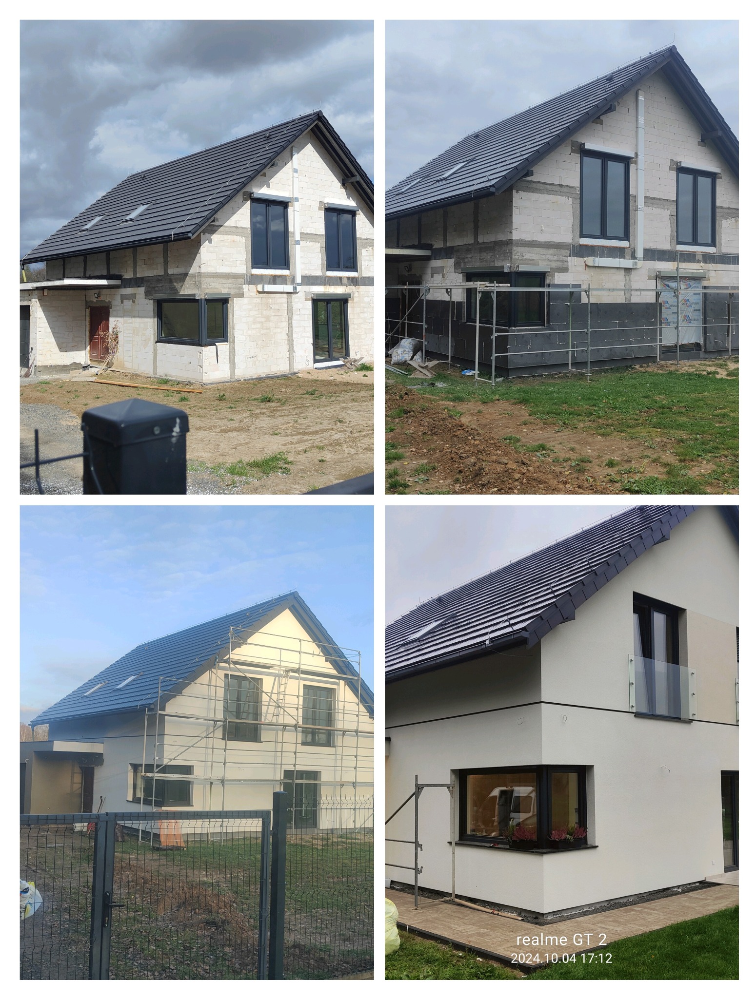 Cztery zdjęcia domu w różnej fazie prac: stan surowy z bloczków, ocieplony styropianem, z nałożonym tynkiem i pomalowany na biało, z zamontowanymi oknami i rusztowaniami.