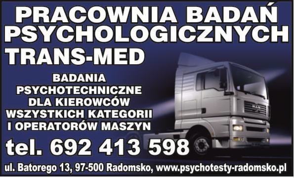 Reklama pracowni badań psychologicznych TRANS-MED z Radomska, oferującej badania psychotechniczne dla kierowców i operatorów maszyn, z ilustracją srebrnej ciężarówki MAN.