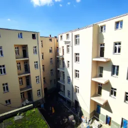 Wysoki kąt widoku na dziedziniec między dwoma budynkami w trakcie budowy lub remontu, z elementami rusztowania, sprzętem budowlanym i materiałami budowlanymi w dole, jasne niebo z delikatnymi...