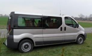 Srebrny bus osobowy Renault Trafic, widoczny z boku na trawiastym terenie, z anteną na dachu. Tło stanowią pola i drzewa.