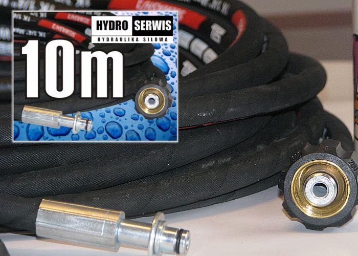 Zwijka czarnego węża hydraulicznego w oplocie tekstylnym z metalowymi złączkami, na wierzchu naklejka z napisem '10m' na tle kropli wody i logo 'Hydro Serwis'.
