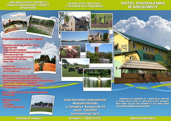 Ulotka reklamowa hotelu Magdalena w Kruszwicy, oferującego noclegi z pełnym wyżywieniem i organizującego imprezy okolicznościowe i obozy sportowe, z kolażem zdjęć atrakcji i infrastruktury.